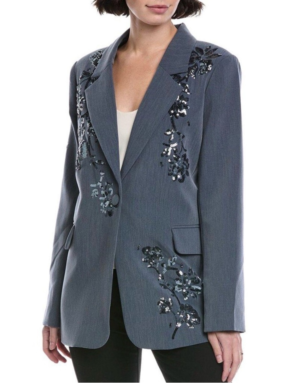 NVLT Sequin Embellished Notch Collar Single Button Blazer Jacket Blue Size XS